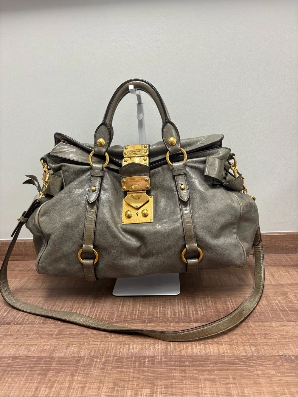 Miu miu Vitello Lux Luxury Gray Leather Satchel with Gold Hardware